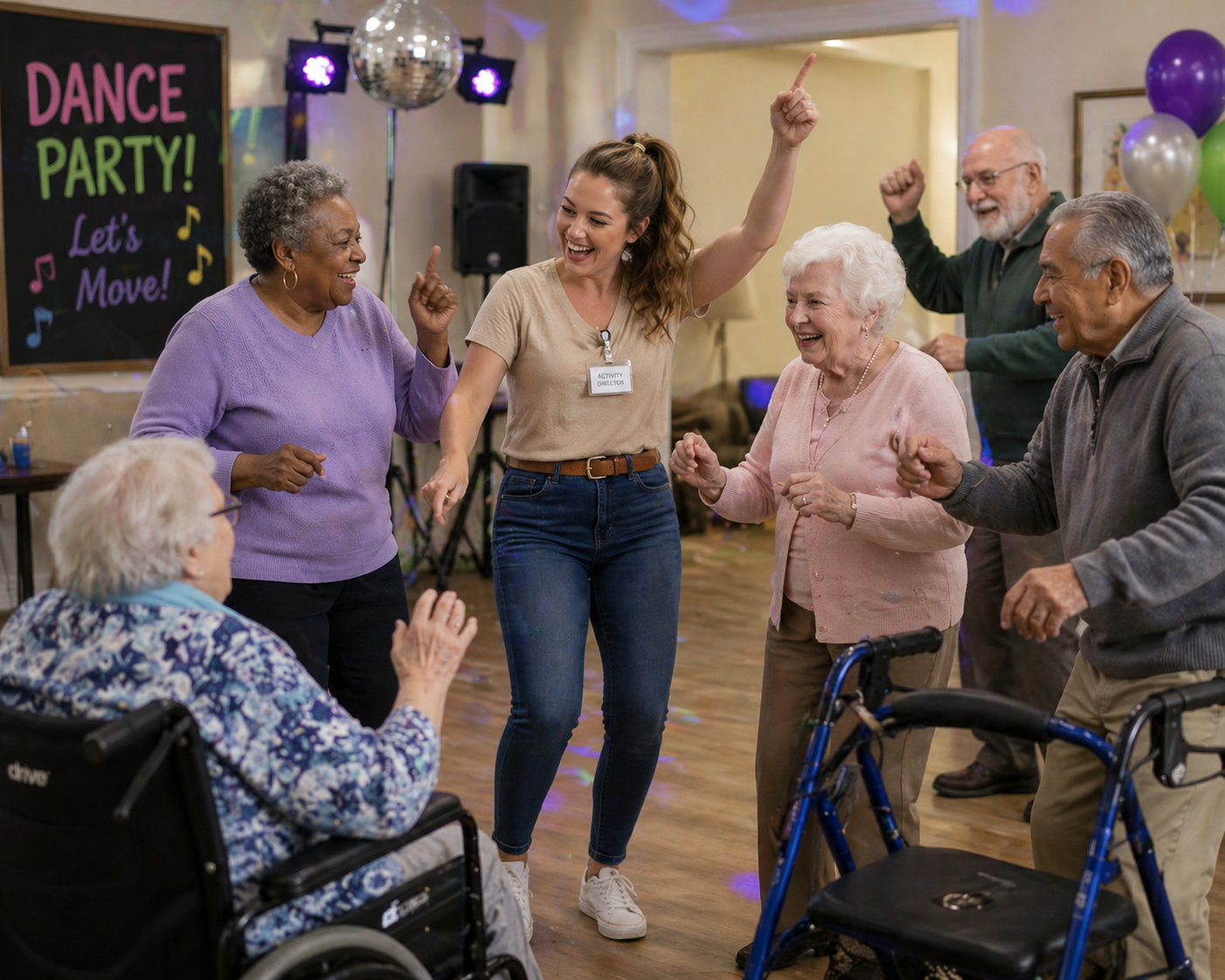 Activity Assistant connecting with senior living residents during a meaningful activity